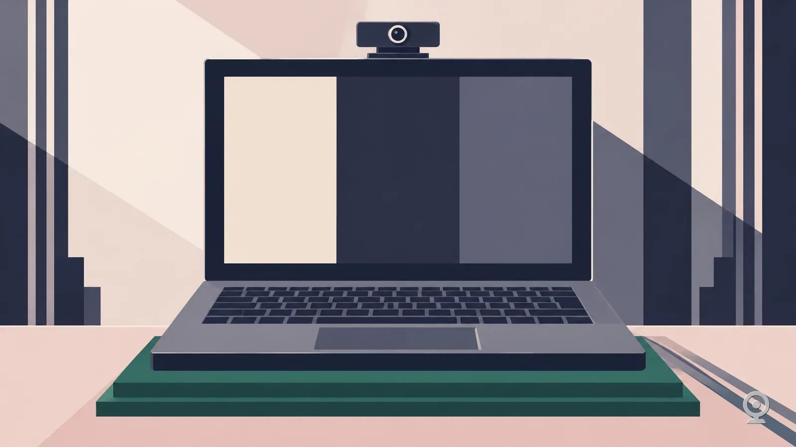 Art Deco illustration of a laptop on a plinth with a webcam above it