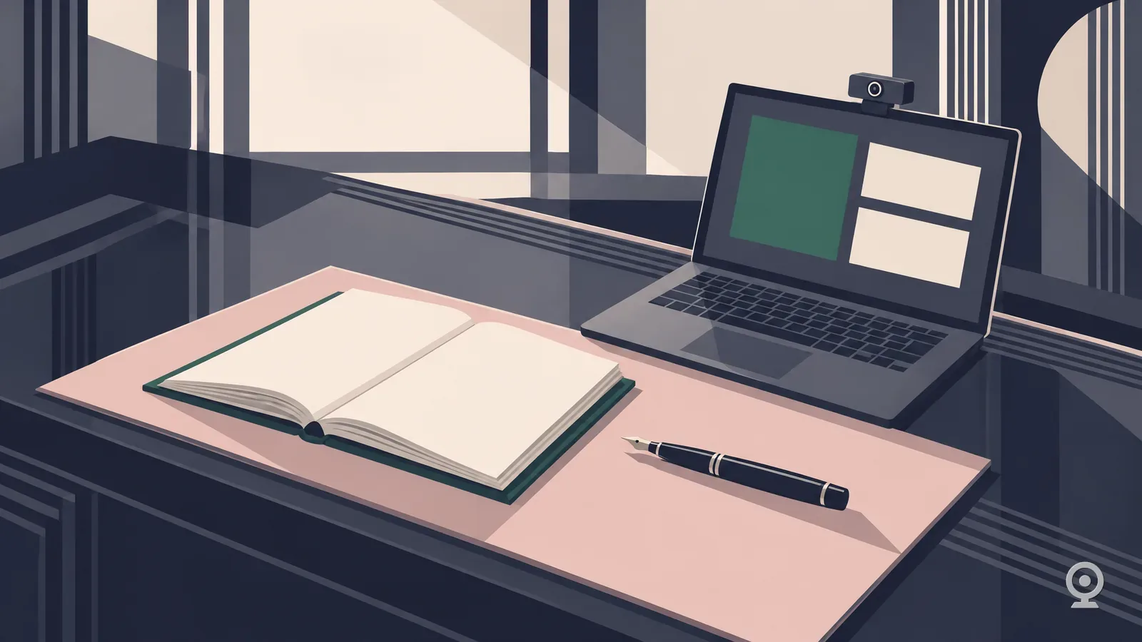 Art Deco illustration of an open notary journal on a pink blotter beside a laptop on a video call
